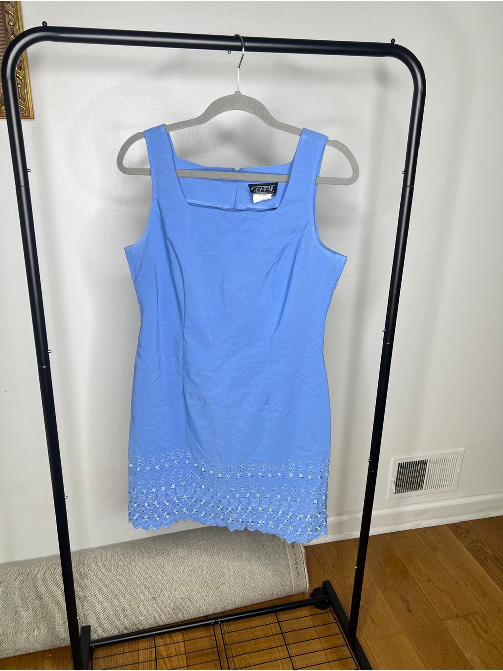 Vintage blue 90s mini dress with eyelet hem and square neckline